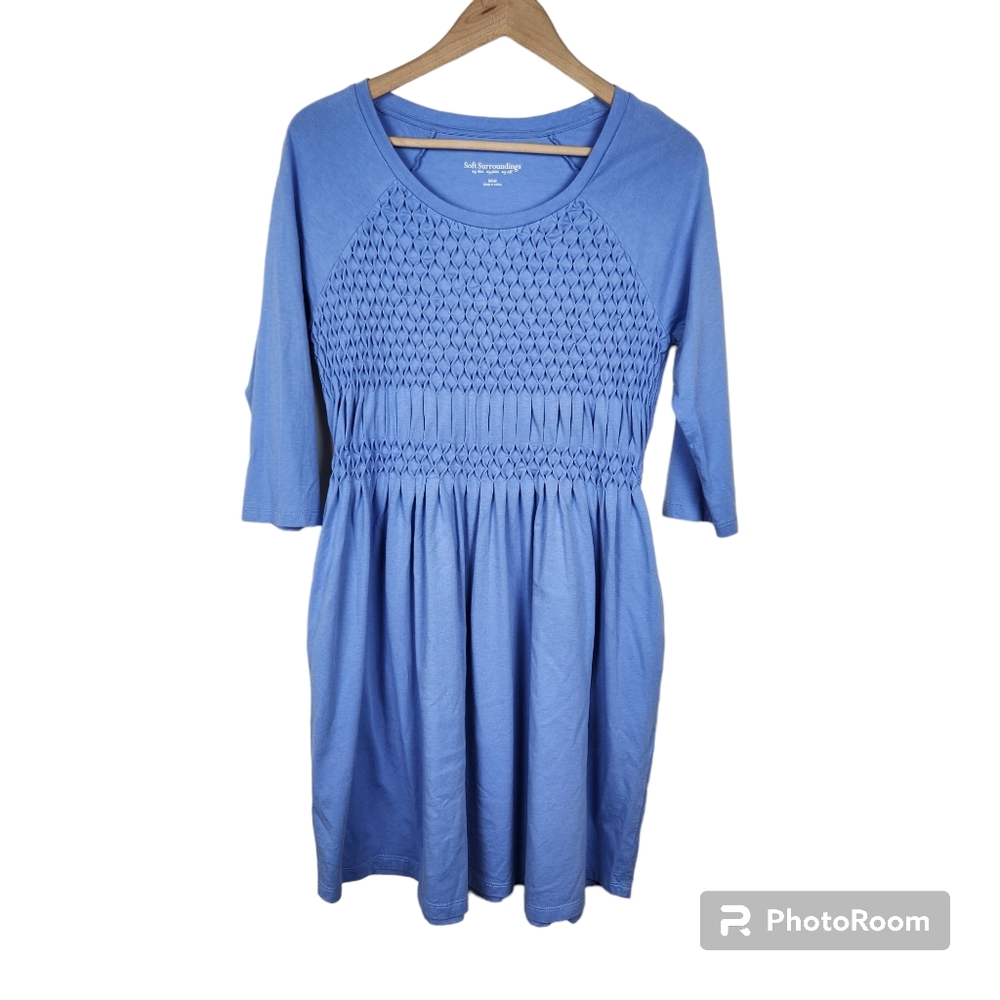 Soft Surroundings Blue Sylvie Smocked 3/4 Sleeve Knee Length Dress Sz S
